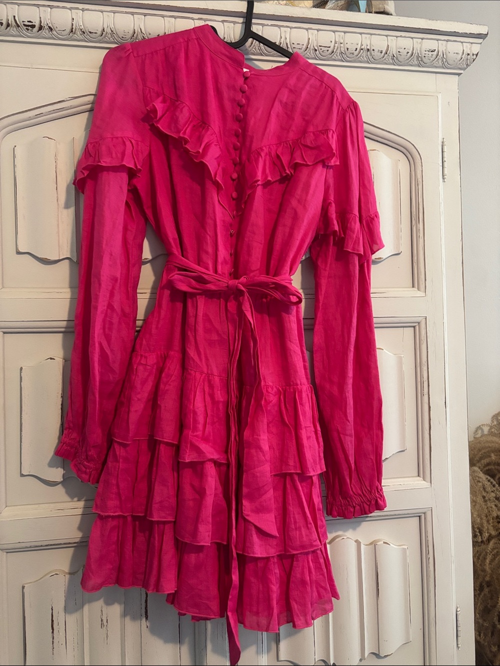 Tiered Ruffle Long Sleeve Dress in Hot Pink